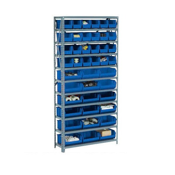 Global Industrial Steel Open Shelving, 28 Blue 8-1/4x10-3/4x7 Stacking Bins 8 Shelf 36x12x73 506204BL - main